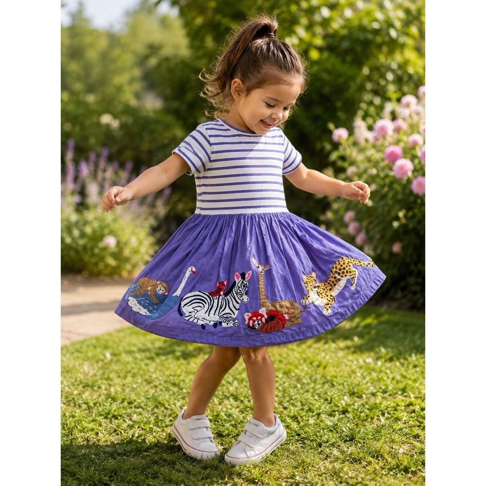 Mini Boden Purple Striped Twirl Dress 2-3Y-Appliqued Zoo Animals-Coastal-Preppy-
